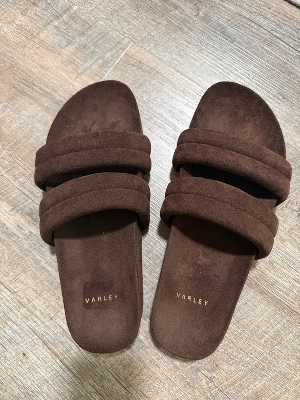 Varley Giles Dark Brown Suede Padded Double-Strap Slides